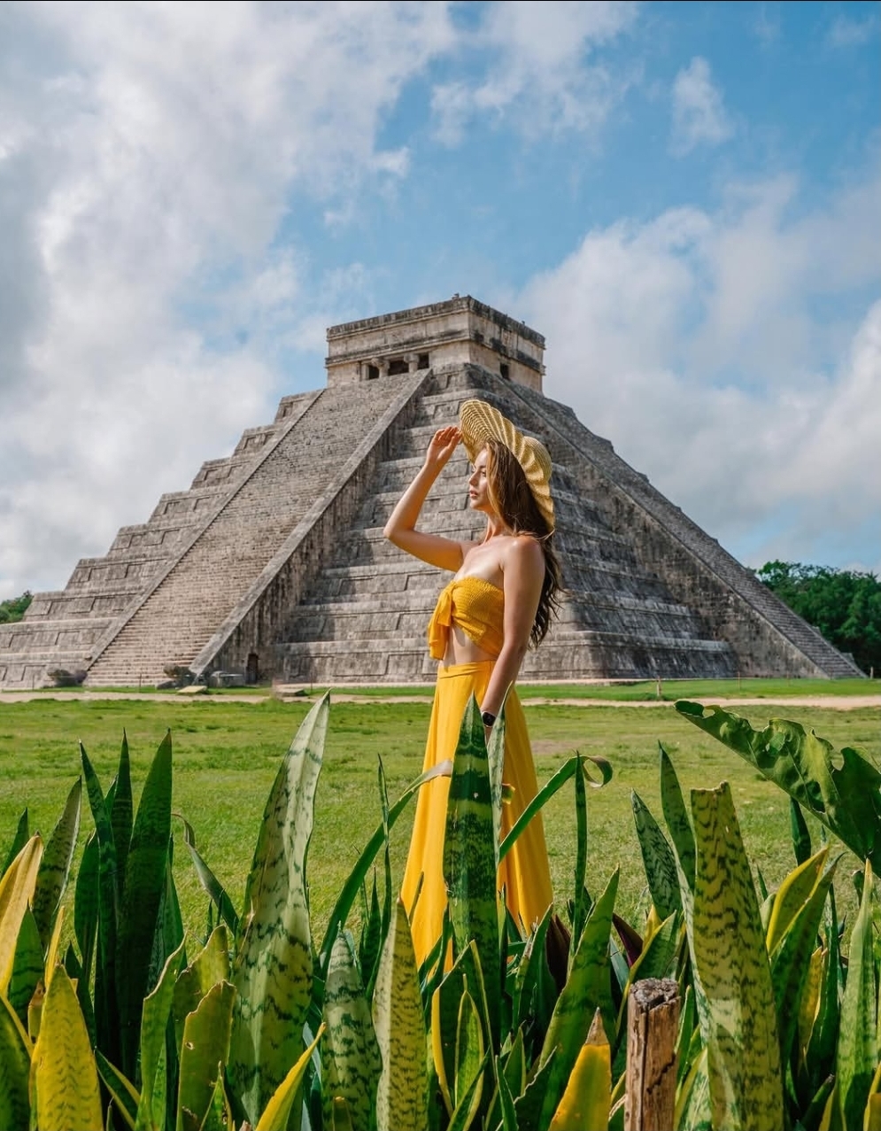 Viajera con vestido amarillo en Chichén Itzá